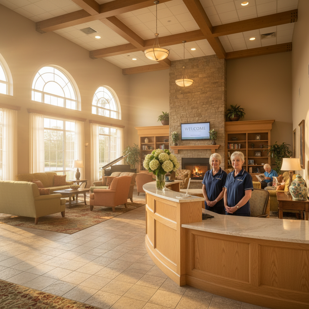 Bright senior living lobby welcome desk at golden hour with warm light