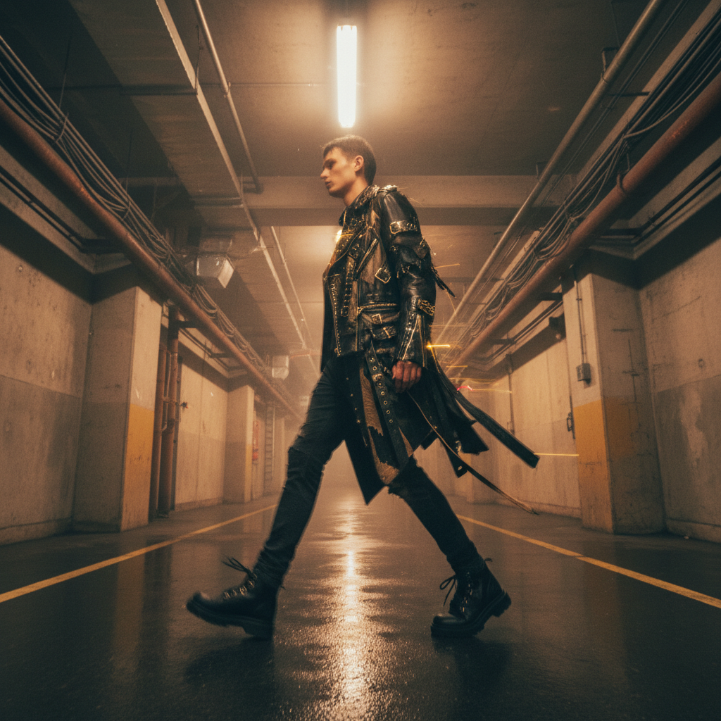 Model walking in motion blur through industrial corridor wearing reconstructed leather jacket, gold hardware glinting