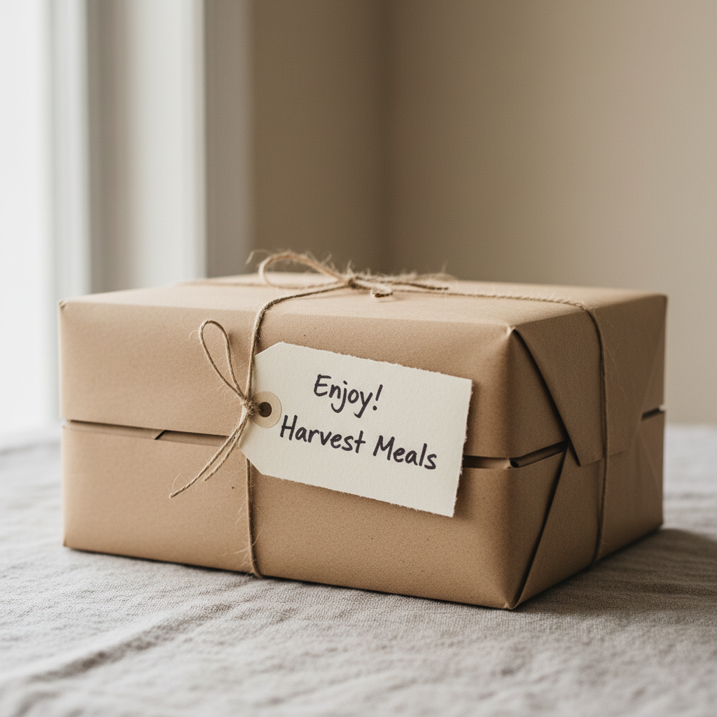Six-box gift sampler of Harvest frozen meals wrapped in kraft paper with a handwritten note