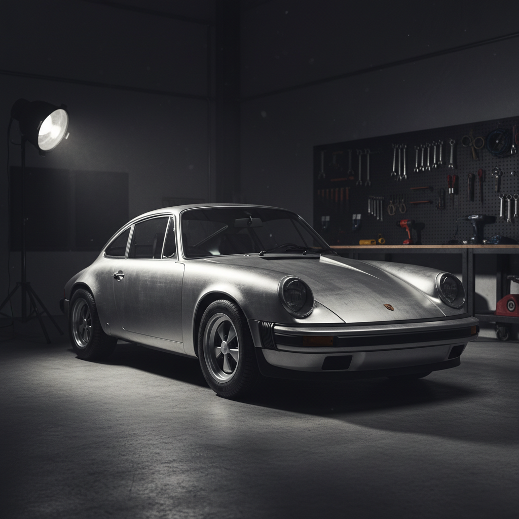 1972 Porsche 911 T after EV conversion, silver, photographed in a dark workshop with dramatic side lighting