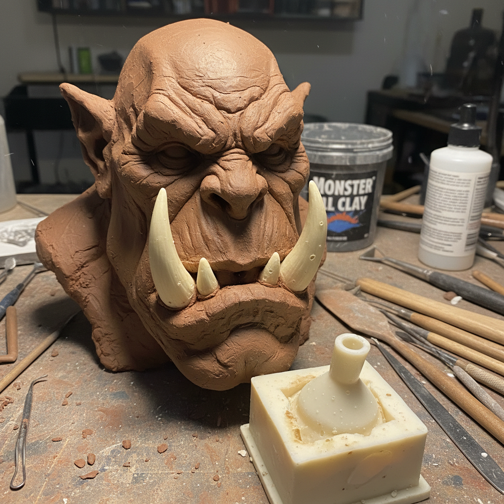 Orc brow ridge and cheekbone sculpt in Monster Clay, tusk casting