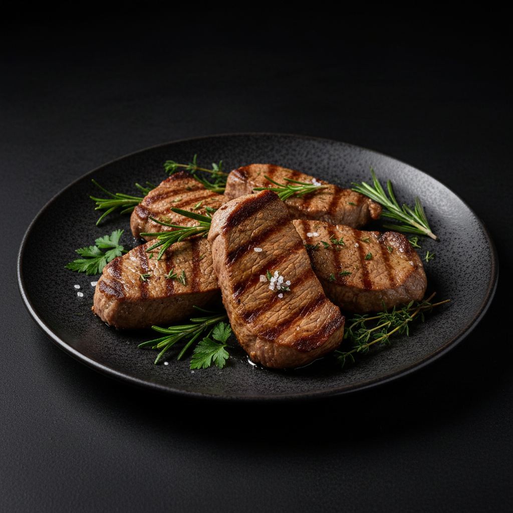 Seared beef steak on dark wooden board, herbs and butter, dramatic low-key lighting, deep shadows
