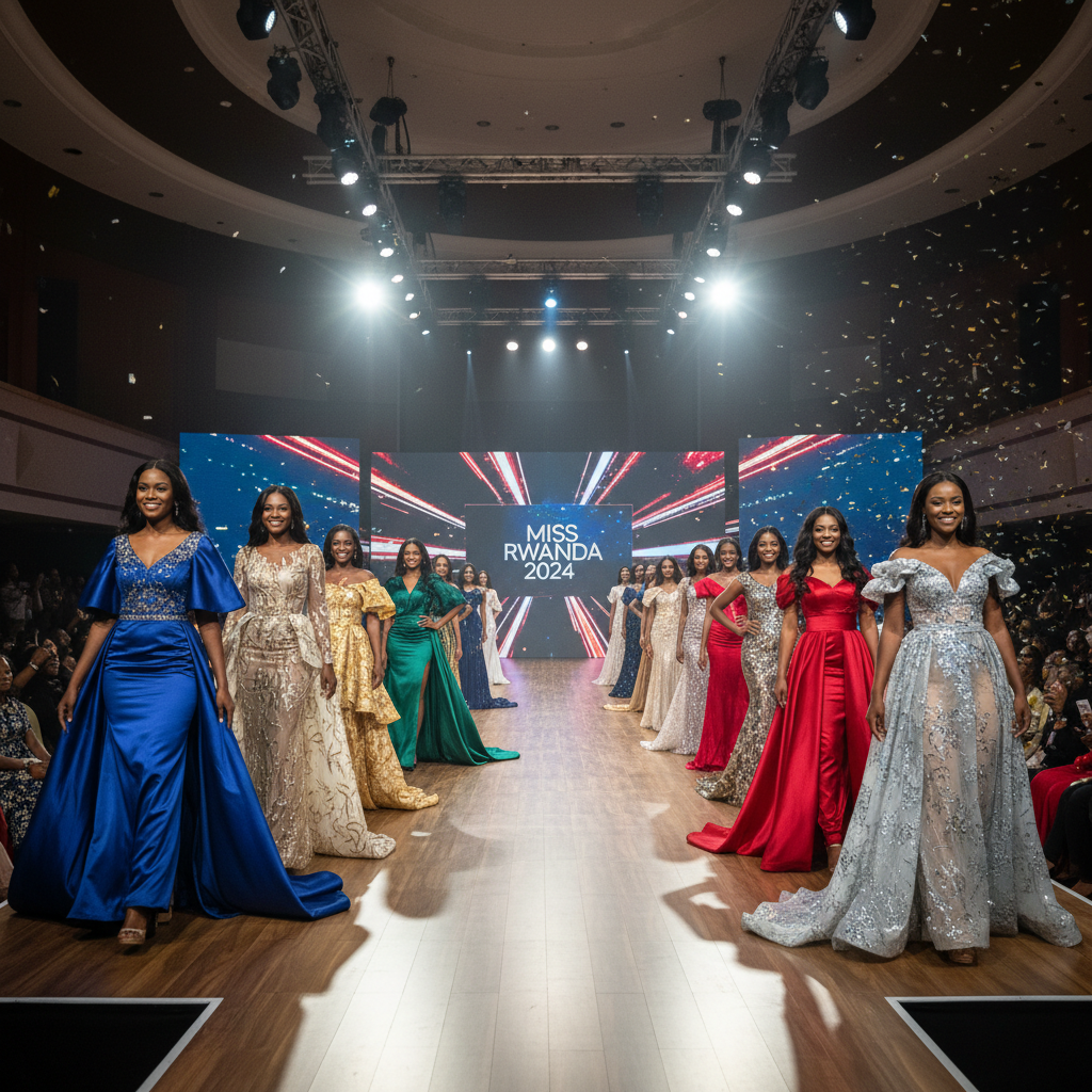 Miss Rwanda contestants walking down the runway in evening gowns