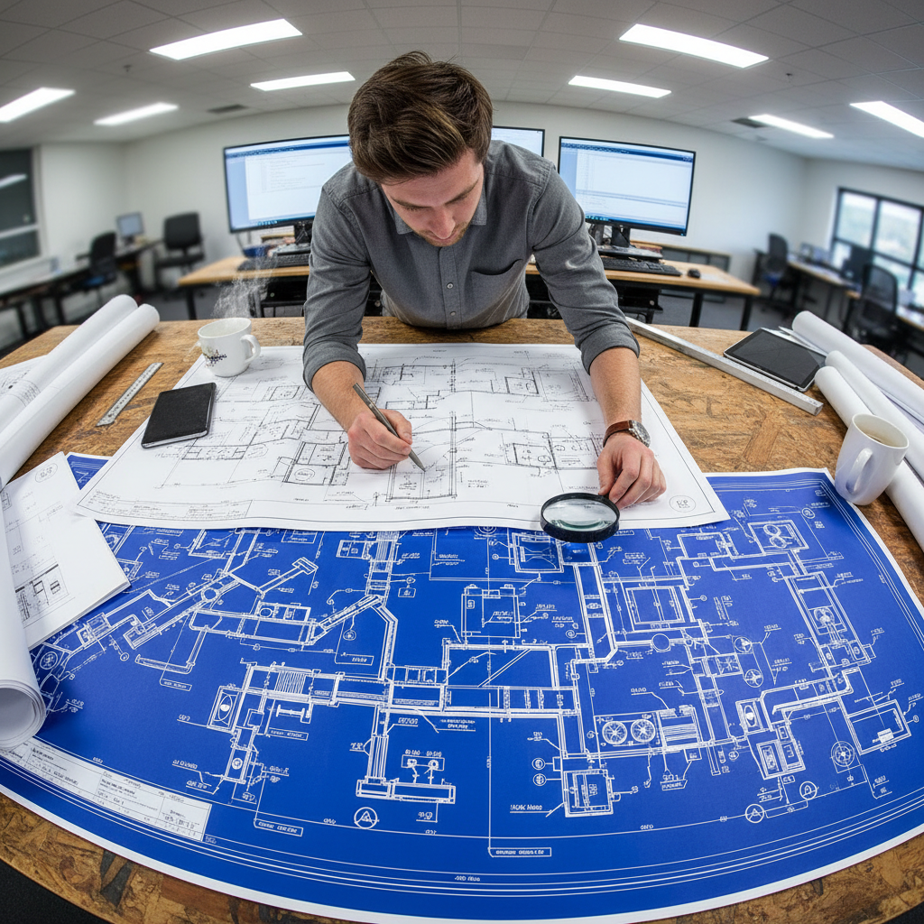 Engineer reviewing technical blueprints and system design schematics on a desk
