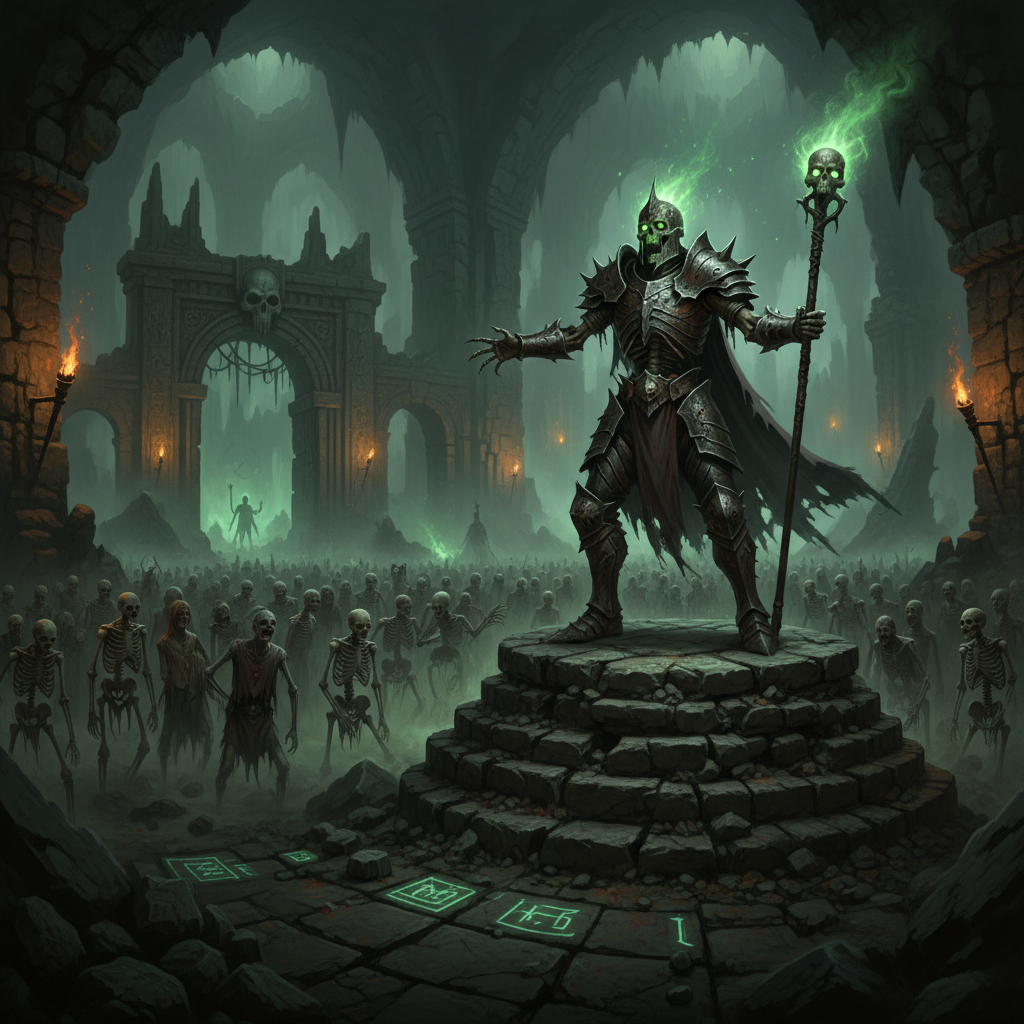 Dark isekai scene with a skeleton overlord in dark armor surrounded by undead army and dark magic