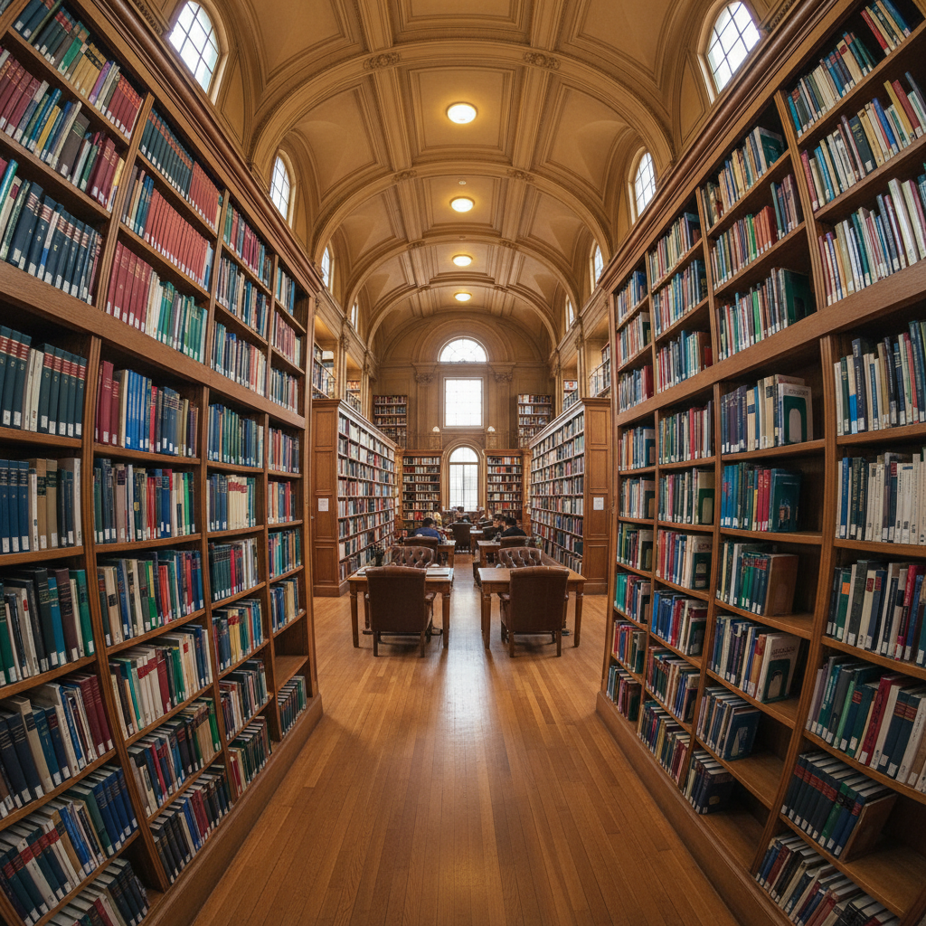 University library interior with tall bookshelves and warm reading lamps casting soft golden light on wooden tables