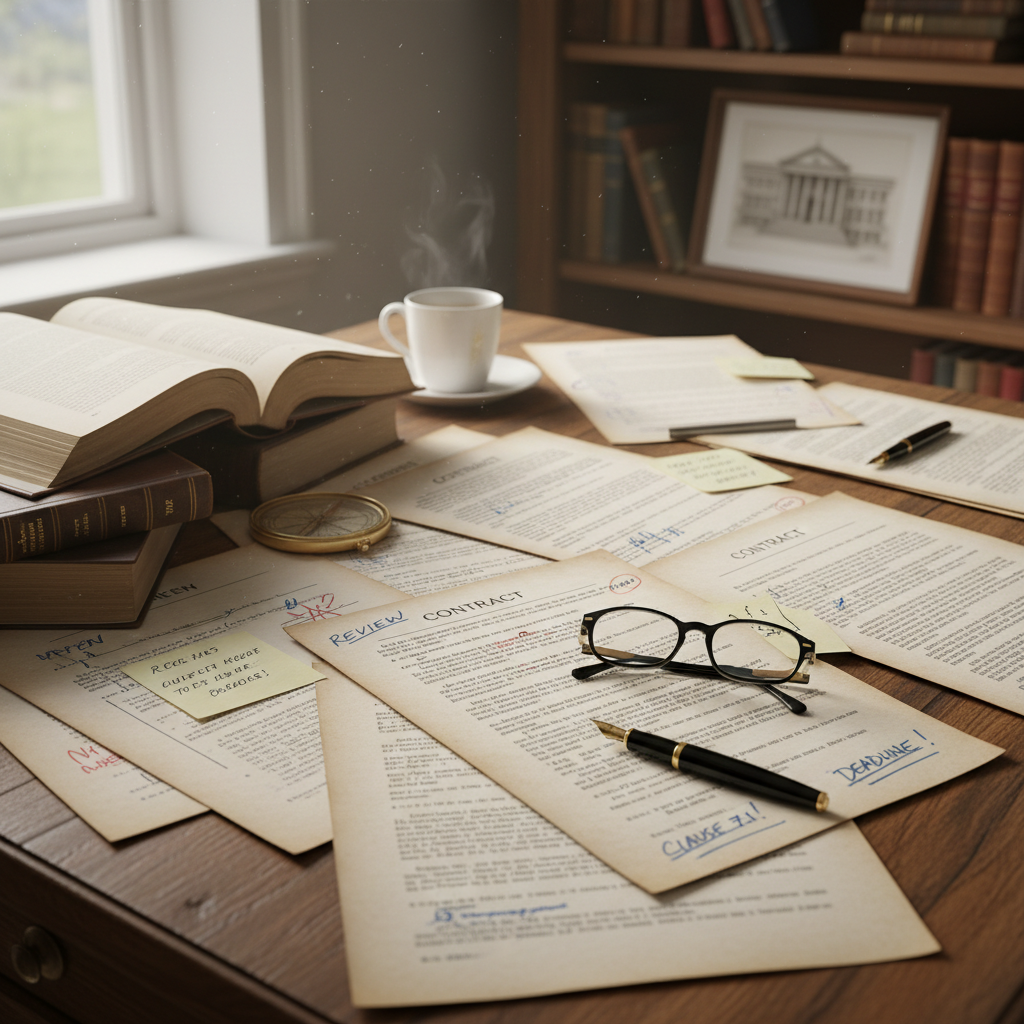 Legal contracts stacked on a desk