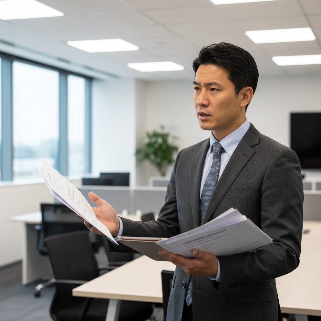 Asian business owner and financial advisor reviewing business succession plan documents in a modern executive office, professional setting