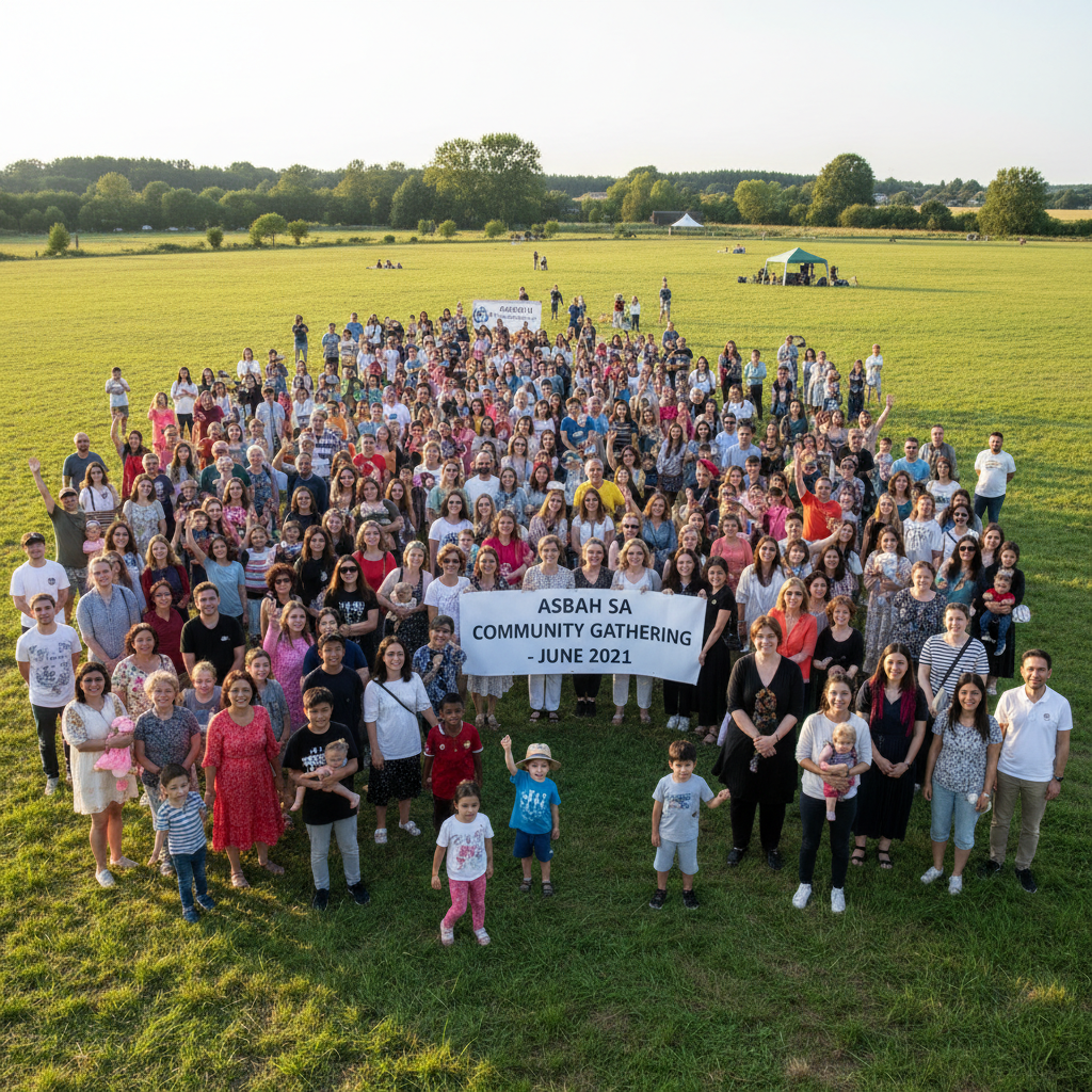 Group photo from Asbah SA community gathering in June 2021 — families, children, and volunteers posing together