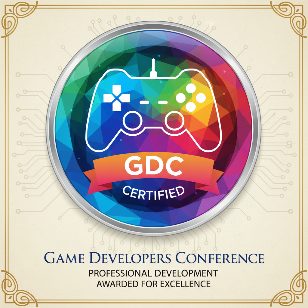 GDC certification badge with colorful game controller icon on certificate