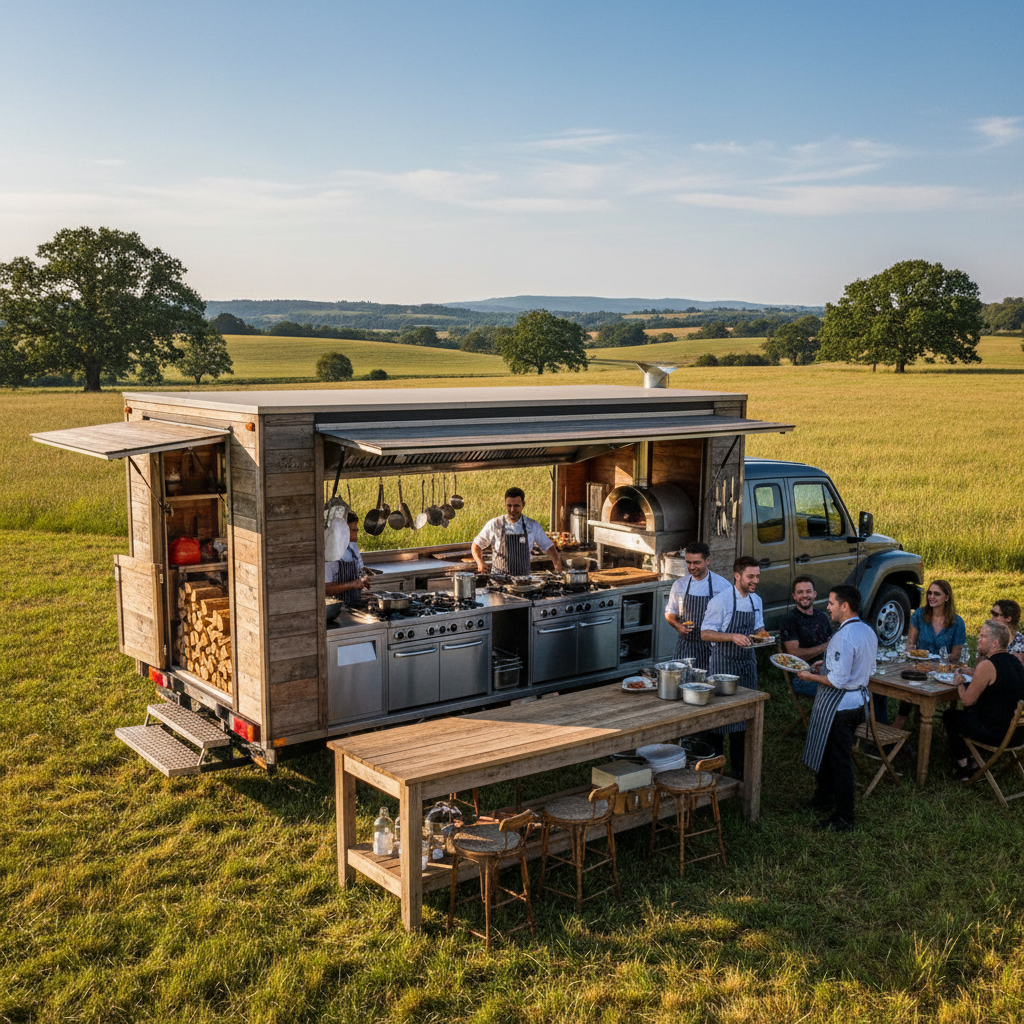 Mobile kitchen vehicle with cooking equipment deployed in rural area