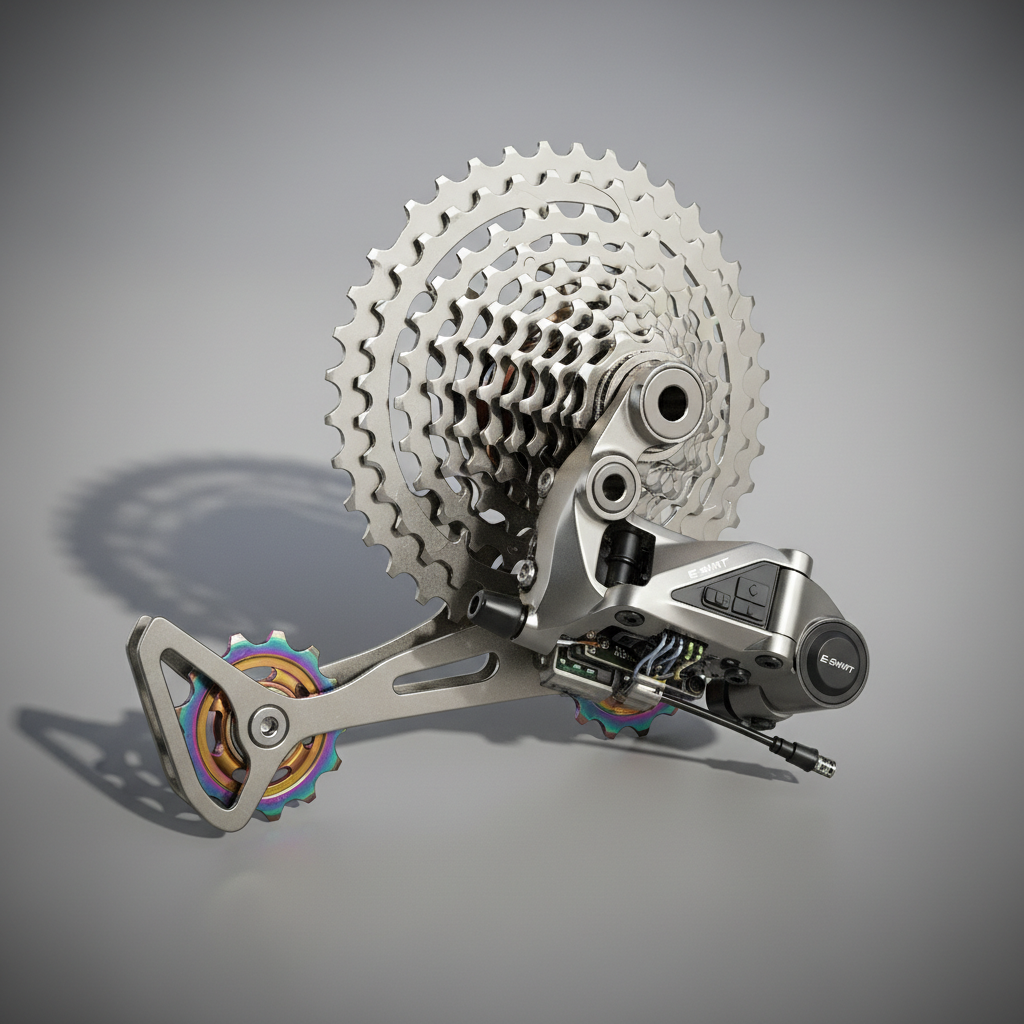 Electronic bicycle groupset with derailleur and cassette showing precision engineering