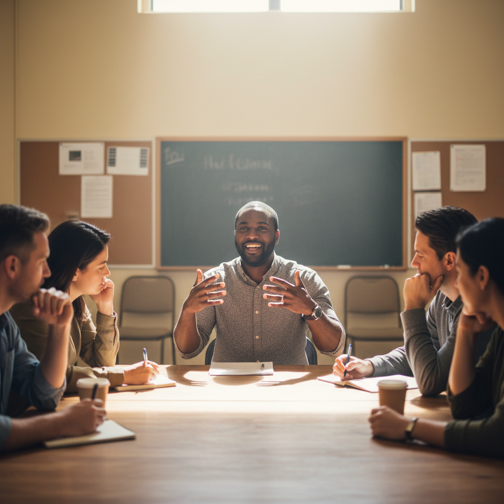 Black man in his late 30s in a community meeting room, gesturing as he speaks to neighbors seated around a table