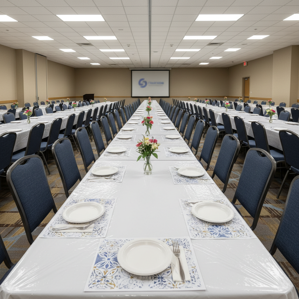 Generic hotel banquet room with fluorescent lighting and mass-printed table decorations