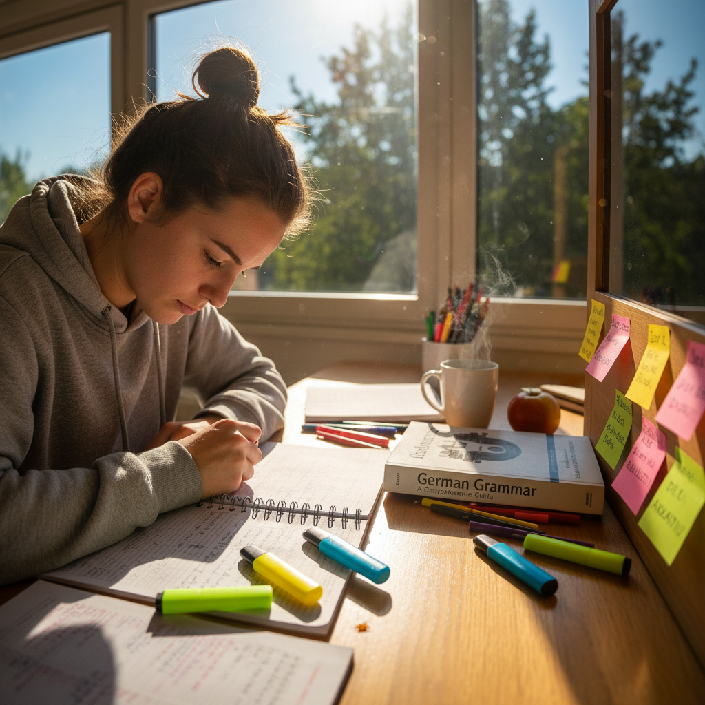 Stack of German language books and study materials on a clean desk, warm indoor light, focused study atmosphere