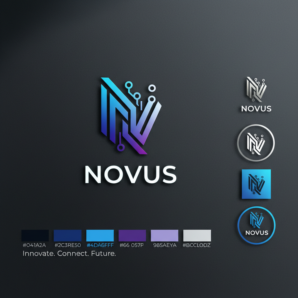 Brand identity design with logos and color palettes on dark background