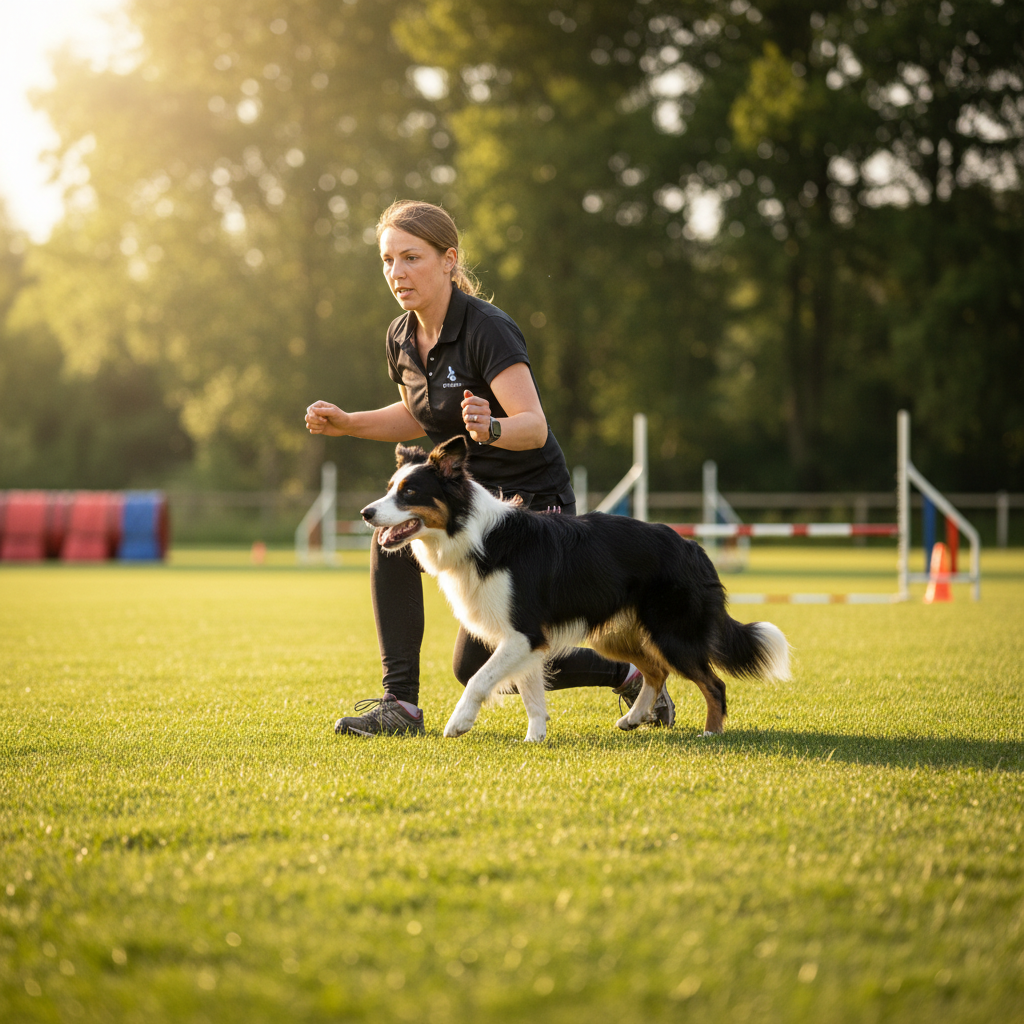 Border collie in precise heel position next to handler during rally obedience training outdoors
