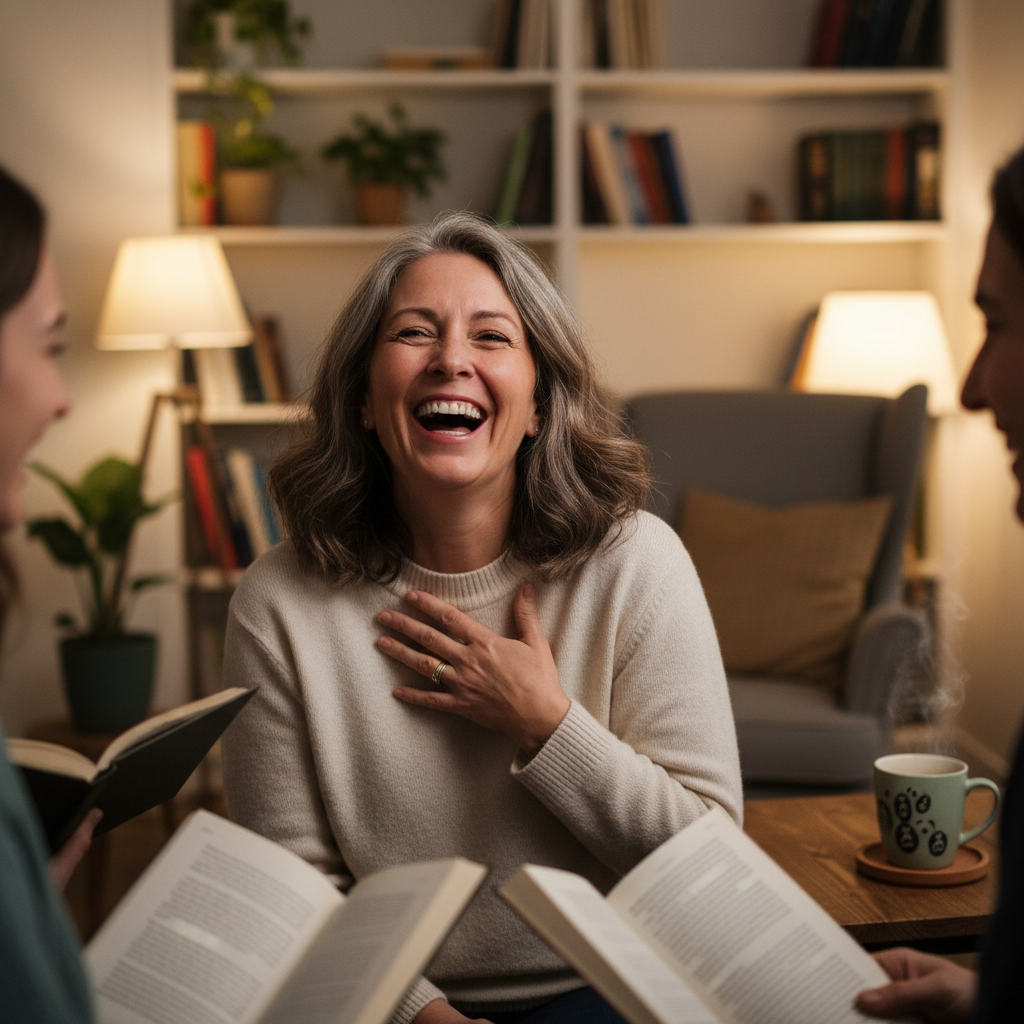 Linda, former teacher, laughing mid-conversation at a book club