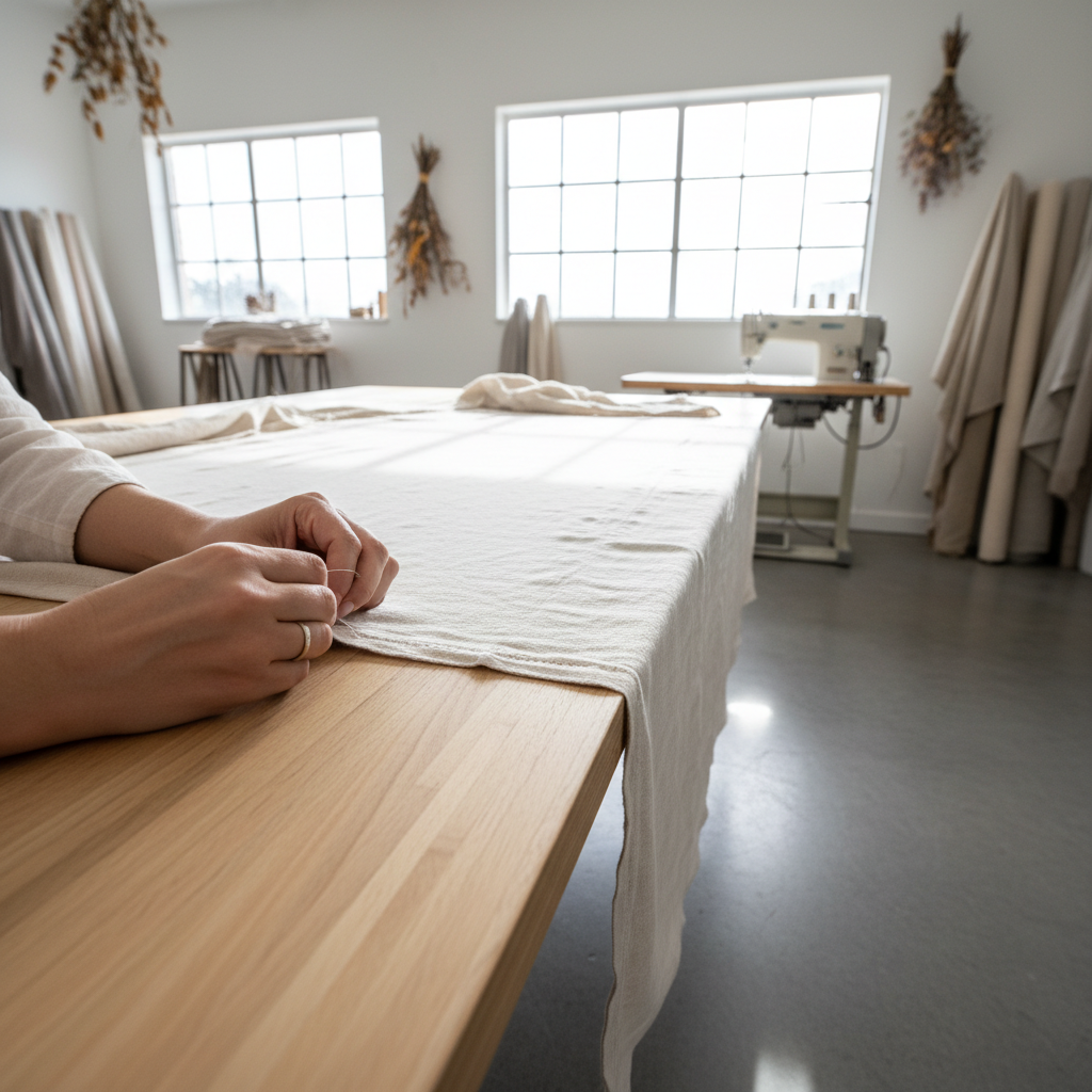 Bright airy workshop with natural light, artisan hands carefully stitching sustainable luxury fabric on clean white table