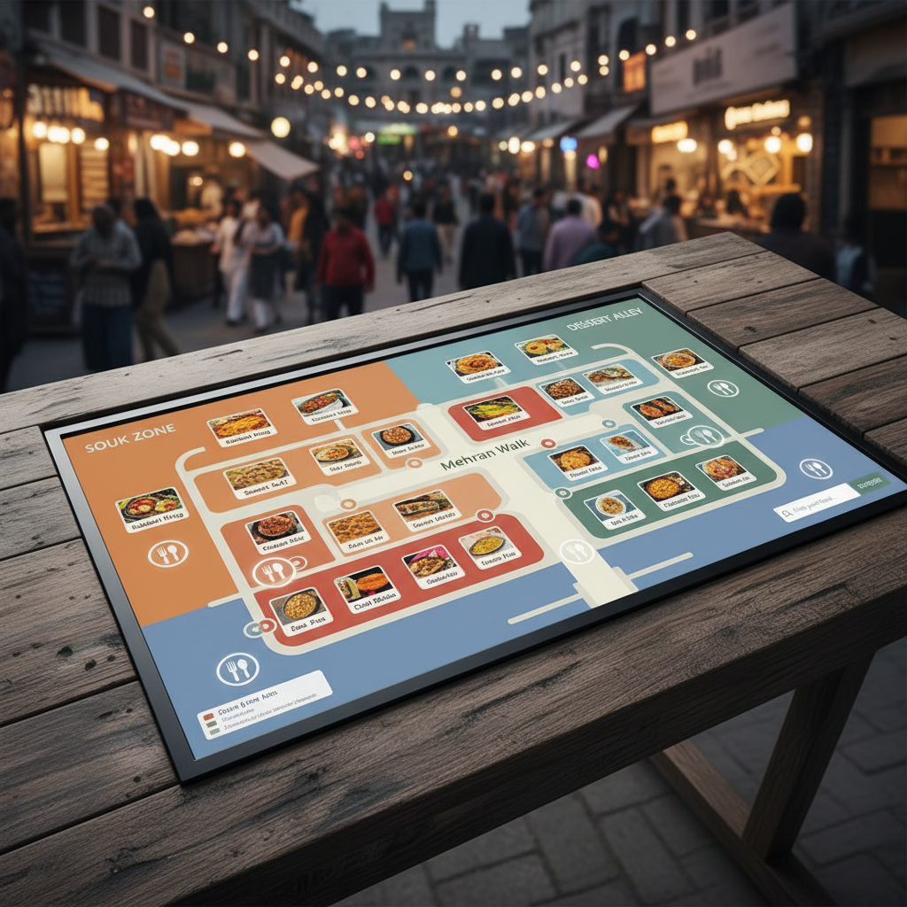 Interactive map layout of Mehran Walk food street showing stall locations and zones