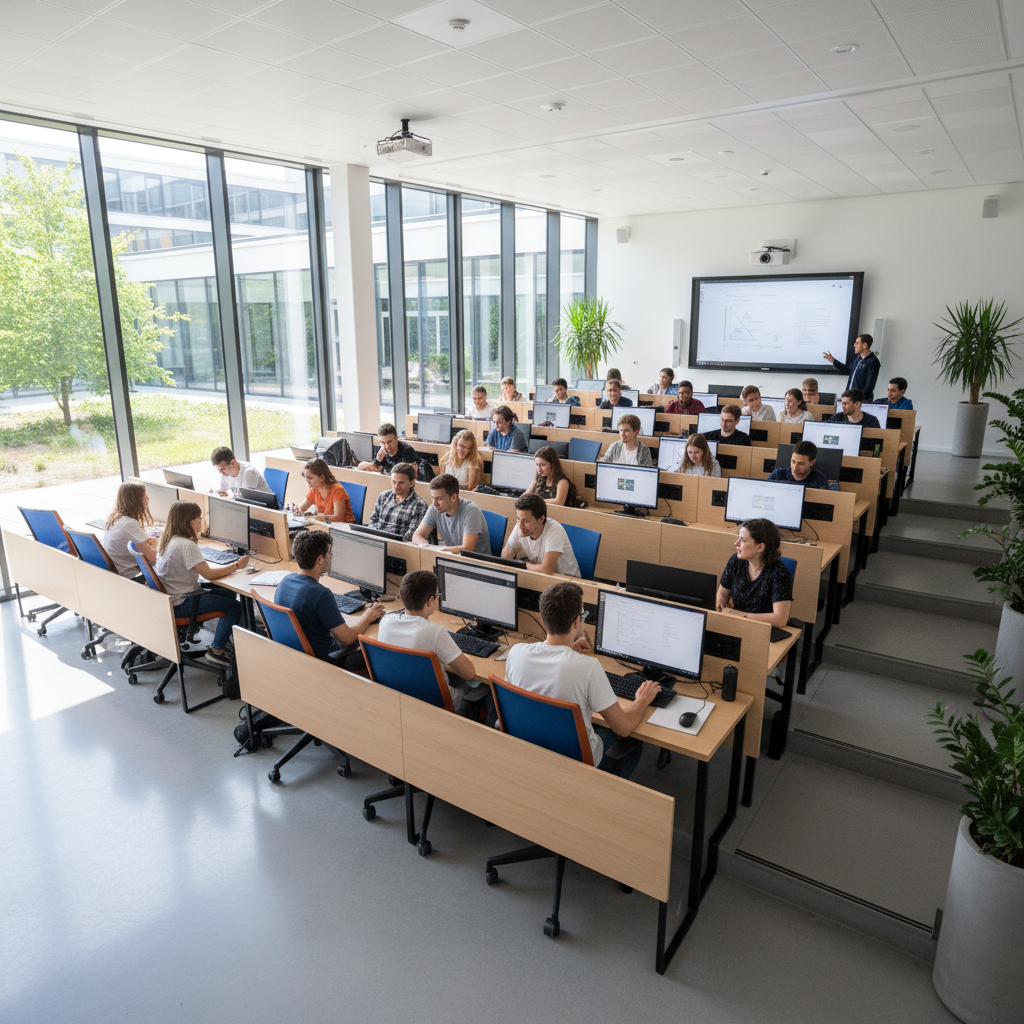 Maestro en salón de clases moderno bien iluminado, ambiente académico profesional y ordenado