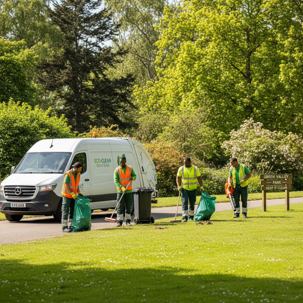 Professional waste removal team with van in Pontypool, bright day, clean green surroundings