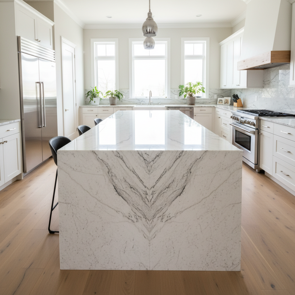 Residential kitchen with Kashmir white honed granite cantilevered island showing book-matched veining