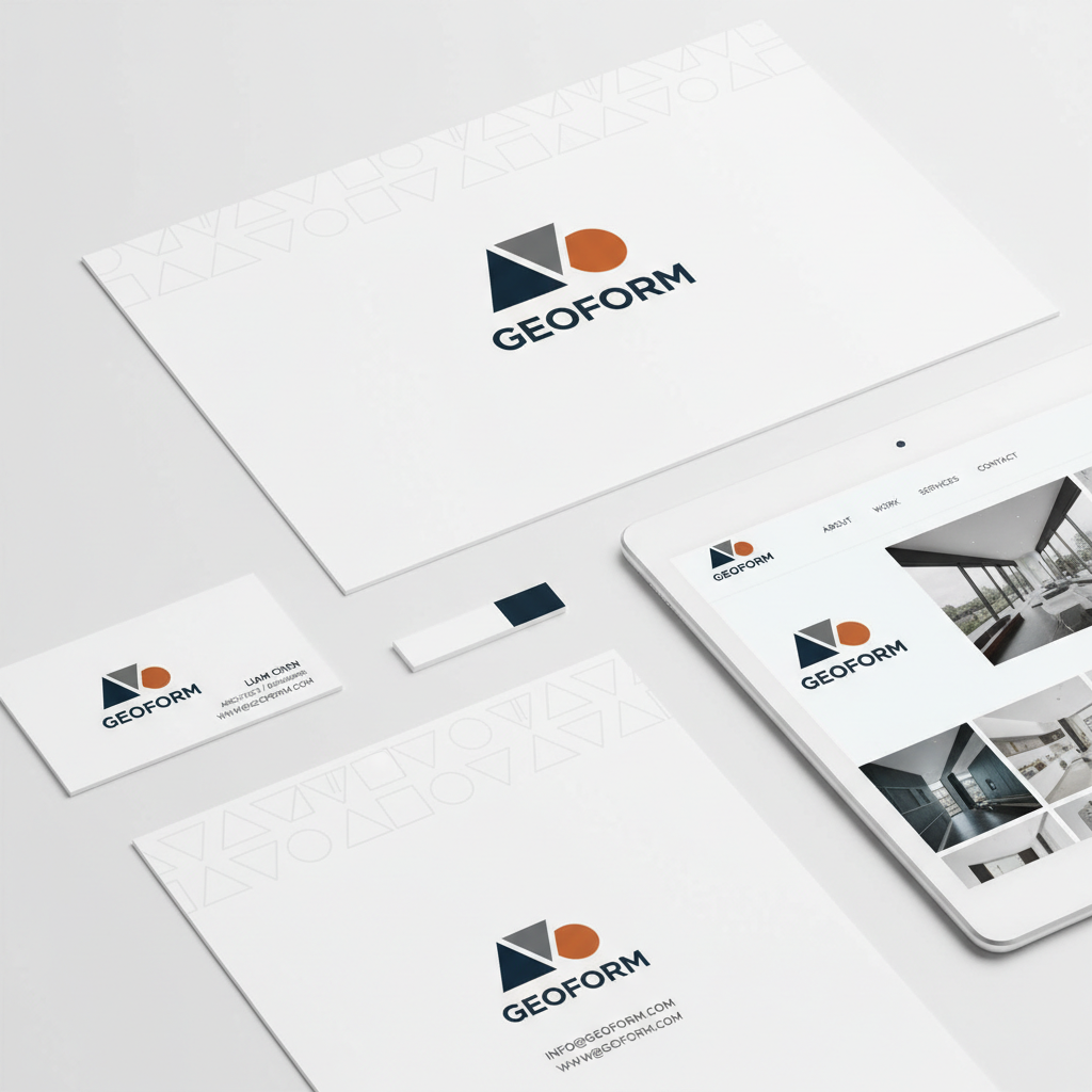 Minimalist brand identity design with geometric shapes on white background