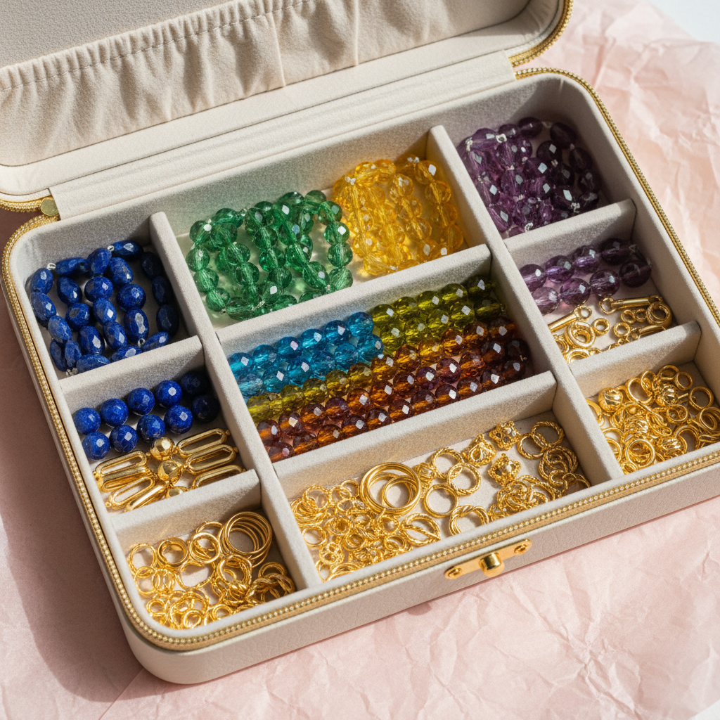 Studio Collection Box open, showing rows of coordinated gemstone strands, Czech glass fire-polished beads, and gold-fill findings on blush tissue paper
