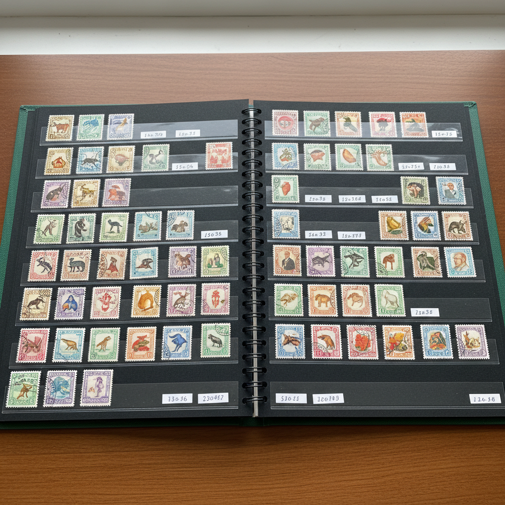 Old leather-bound album open showing rows of mounted stamps in protective mounts