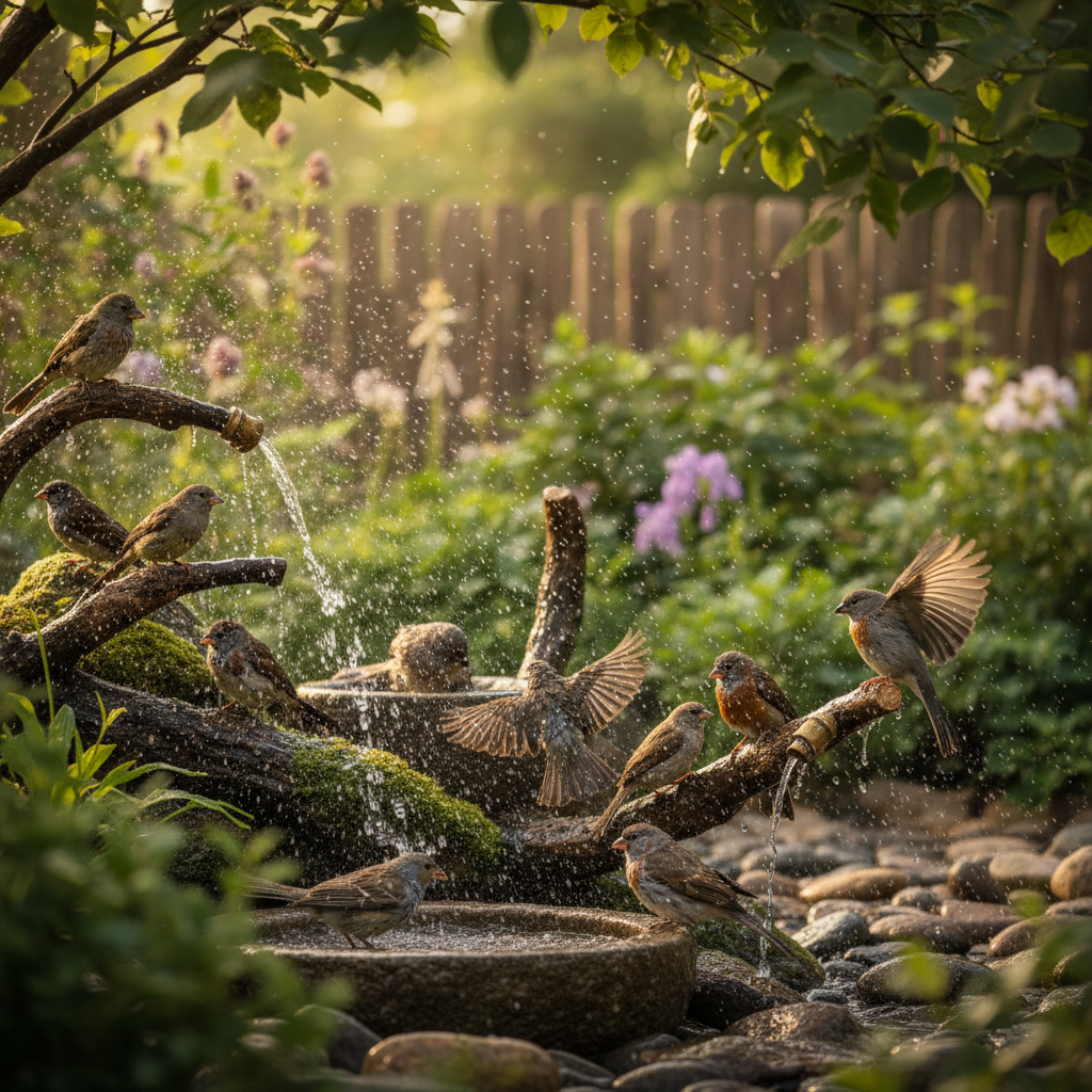 Gentle misting station with birds bathing and spreading wings in fine water spray