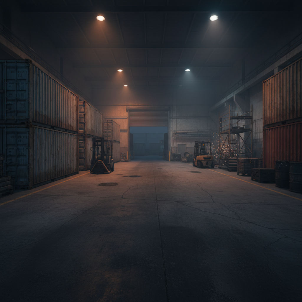 Industrial warehouse loading dock at night, dramatic lighting, steel doors and equipment, dark shadows