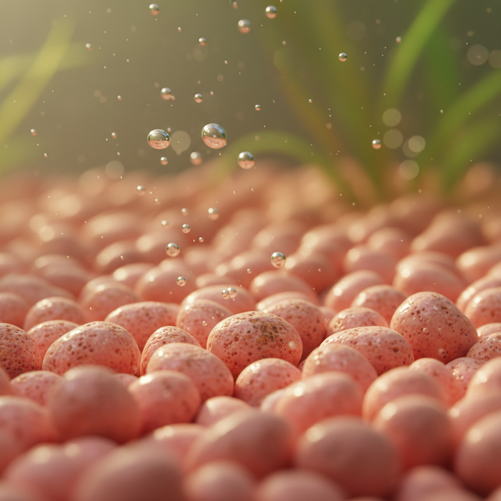 Coral pink aquarium gravel catching warm light with bubbles rising