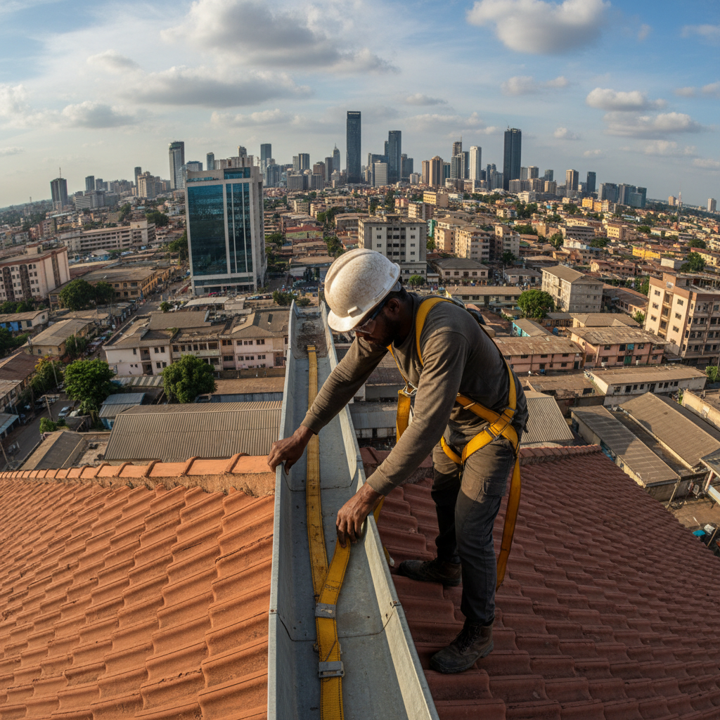 Gutter technician in harness gripping rooftop drainage channel with Lagos skyline behind him