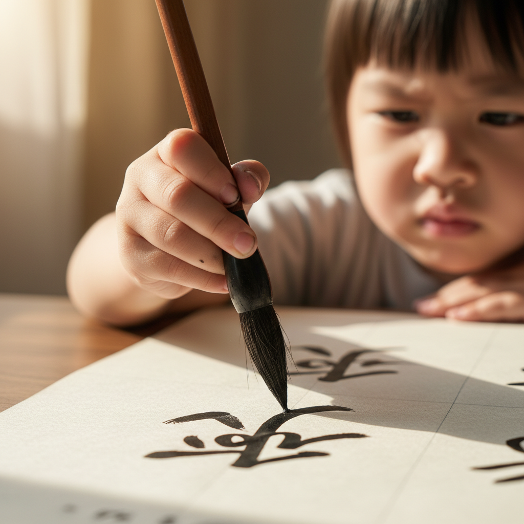 Young child around age 4 using a fat paintbrush to practice Chinese character strokes on paper