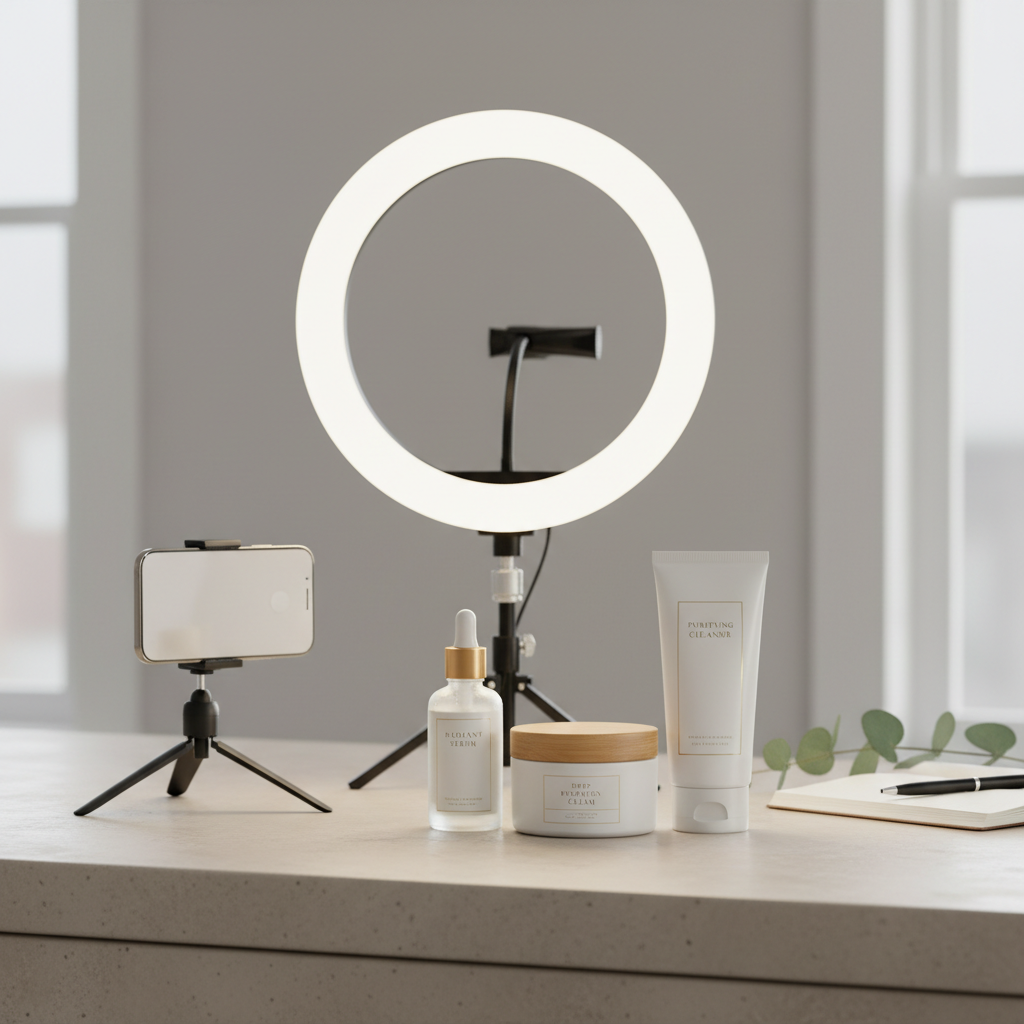 Beauty and lifestyle content creation setup with warm lighting and cosmetics