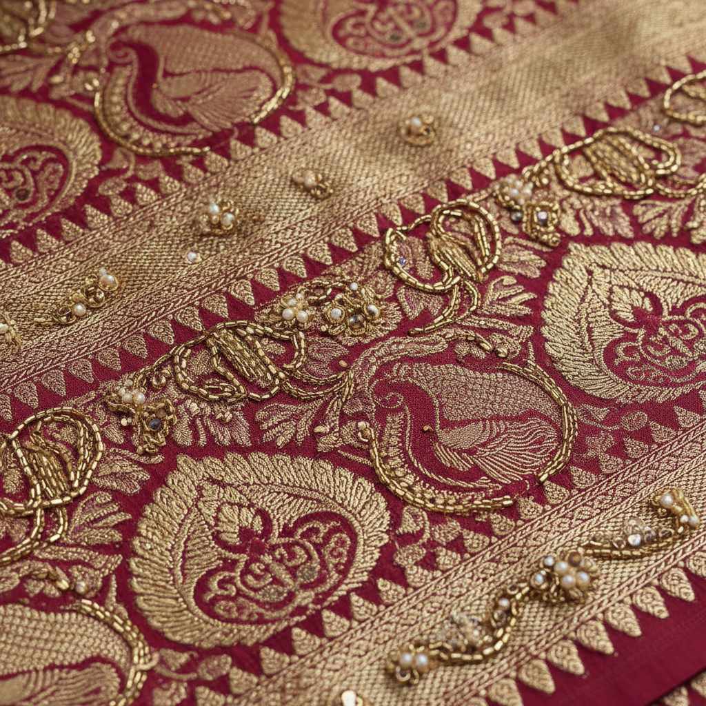 Silk kurta fabric detail showing intricate weave pattern
