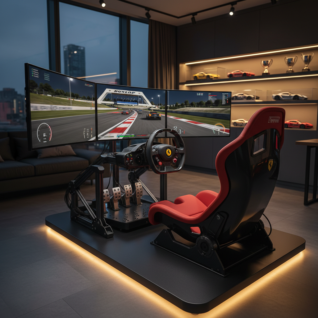 Full motion simulator cockpit with triple monitors, immersive racing environment setup