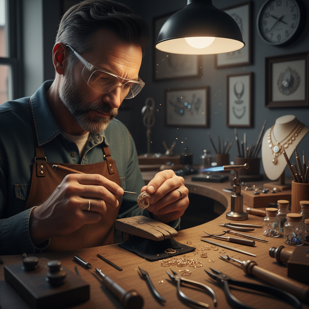 Jeweler working at wooden bench with tools, warm lamp light, dark atmospheric workshop, deep shadows, artisan hands crafting gold ring