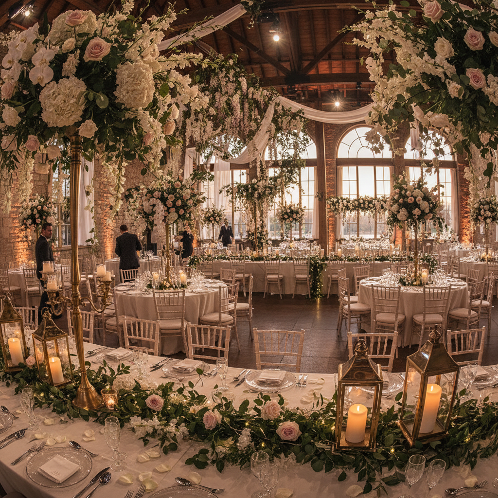 Elegant wedding venue decorated with white flowers and warm lighting
