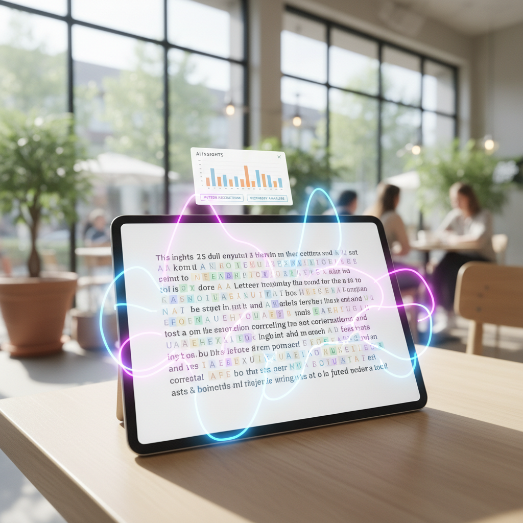 Tablet screen showing colorful letter analysis overlay with AI highlights, bright and airy background