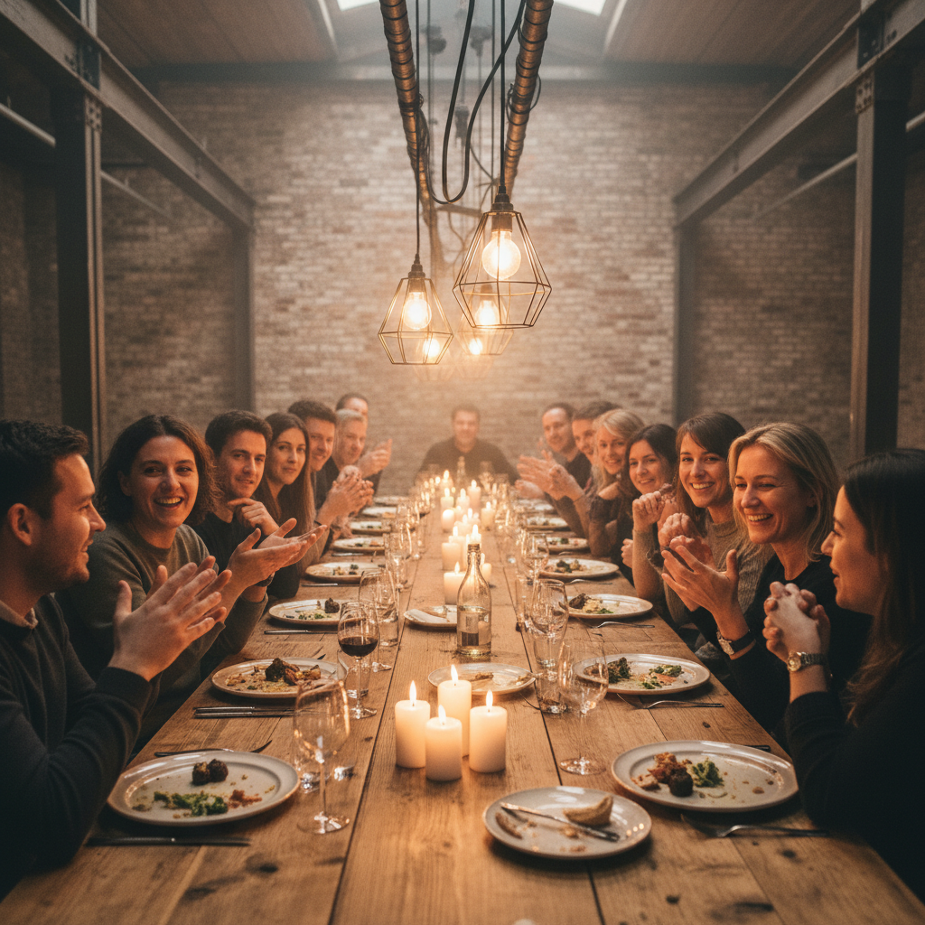 Guests mid-conversation at long communal table in converted warehouse, candles low, plates half-finished, Edison bulbs glowing overhead, industrial steel beams visible
