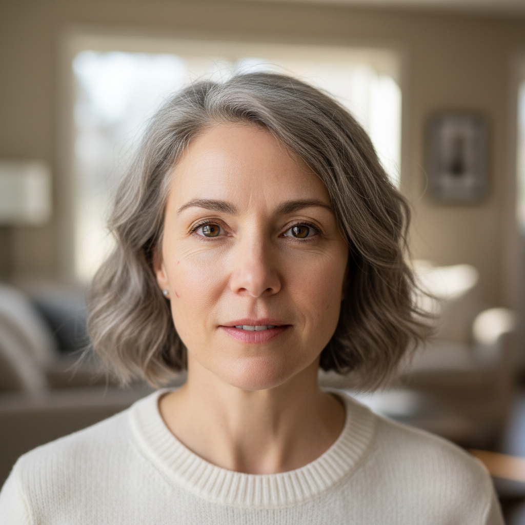 Studio portrait of woman in her late forties, honest lighting, day seven post-PRP