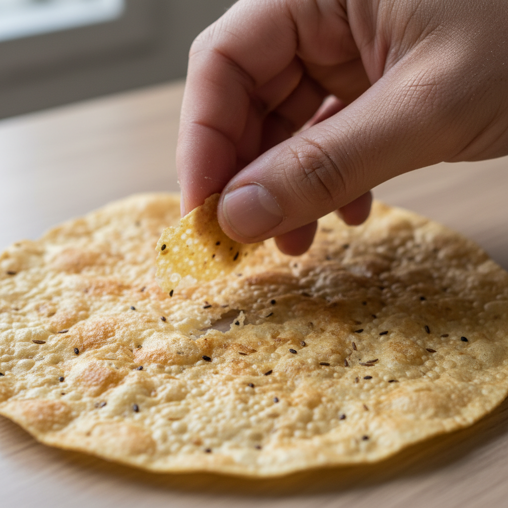 Crisp papadum with a hand about to crack it