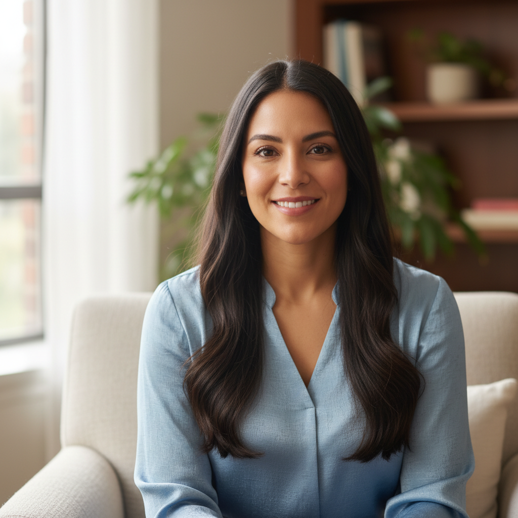 Portrait of Dr. Sarah Chen, a therapist with warm smile and dark hair