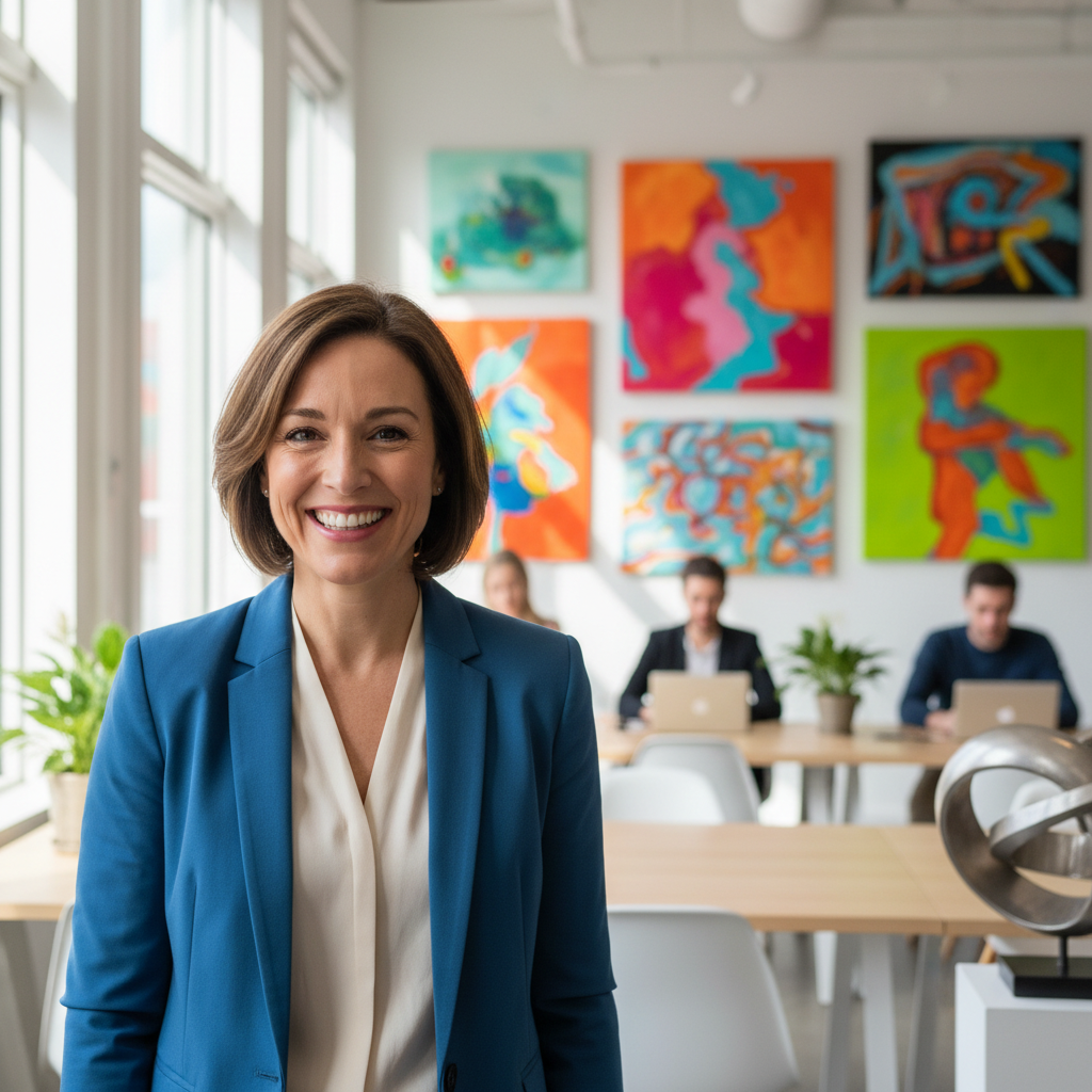 Professional woman with warm smile in bright studio surrounded by colorful artwork