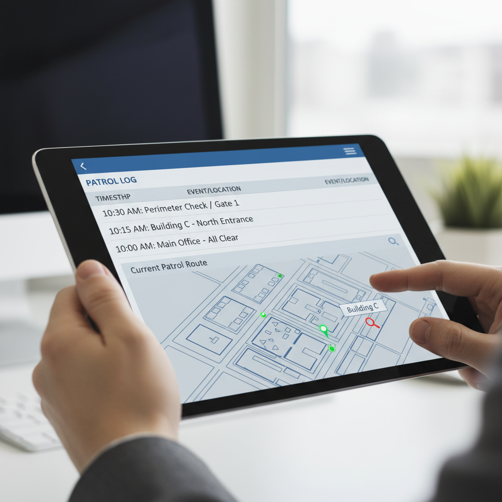 Close-up of digital report on tablet showing timestamped patrol log entries and site map