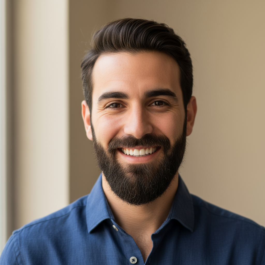 Young Italian man with relaxed smile outdoors, casual clothing, warm afternoon light