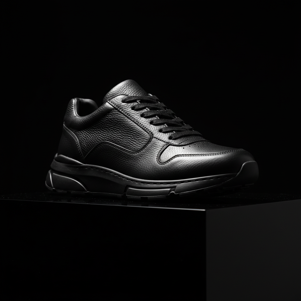 Luxury leather sneaker with gold eyelets on dark marble surface, moody dramatic lighting