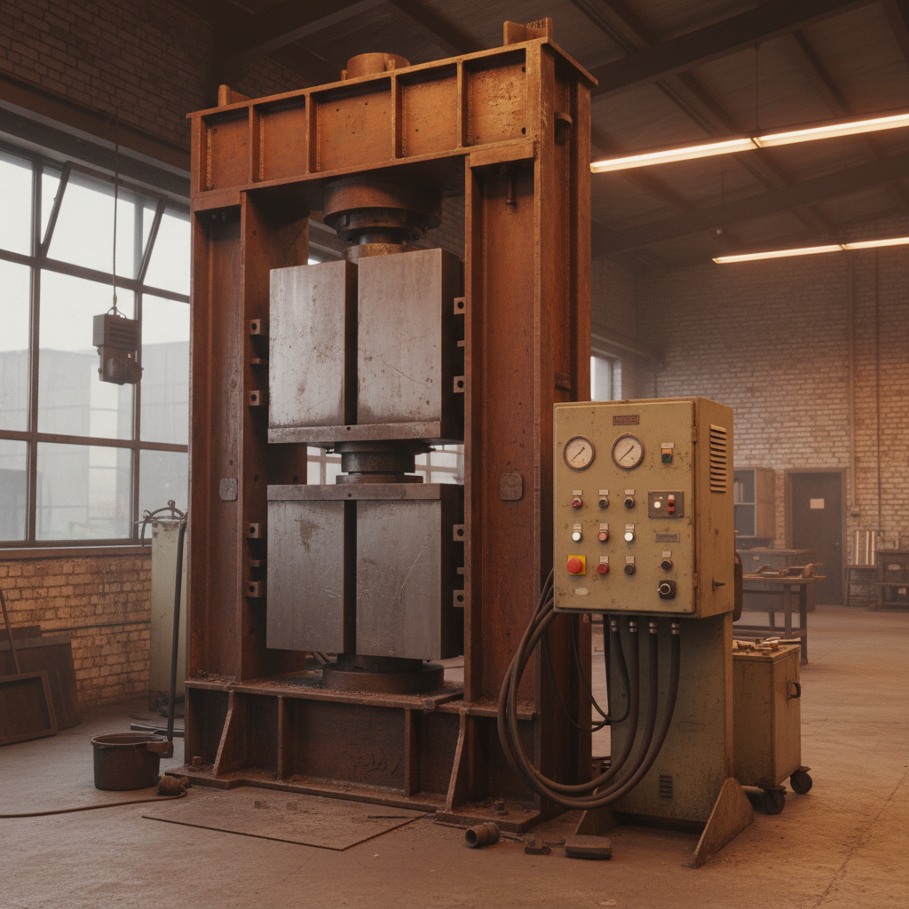 Industrial hydraulic press from the 1980s era showing manual control panel and steel platens
